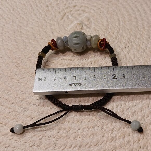 Carved Green Jade Bead Bracelet - Adjustable Length - Picture 7 of 8